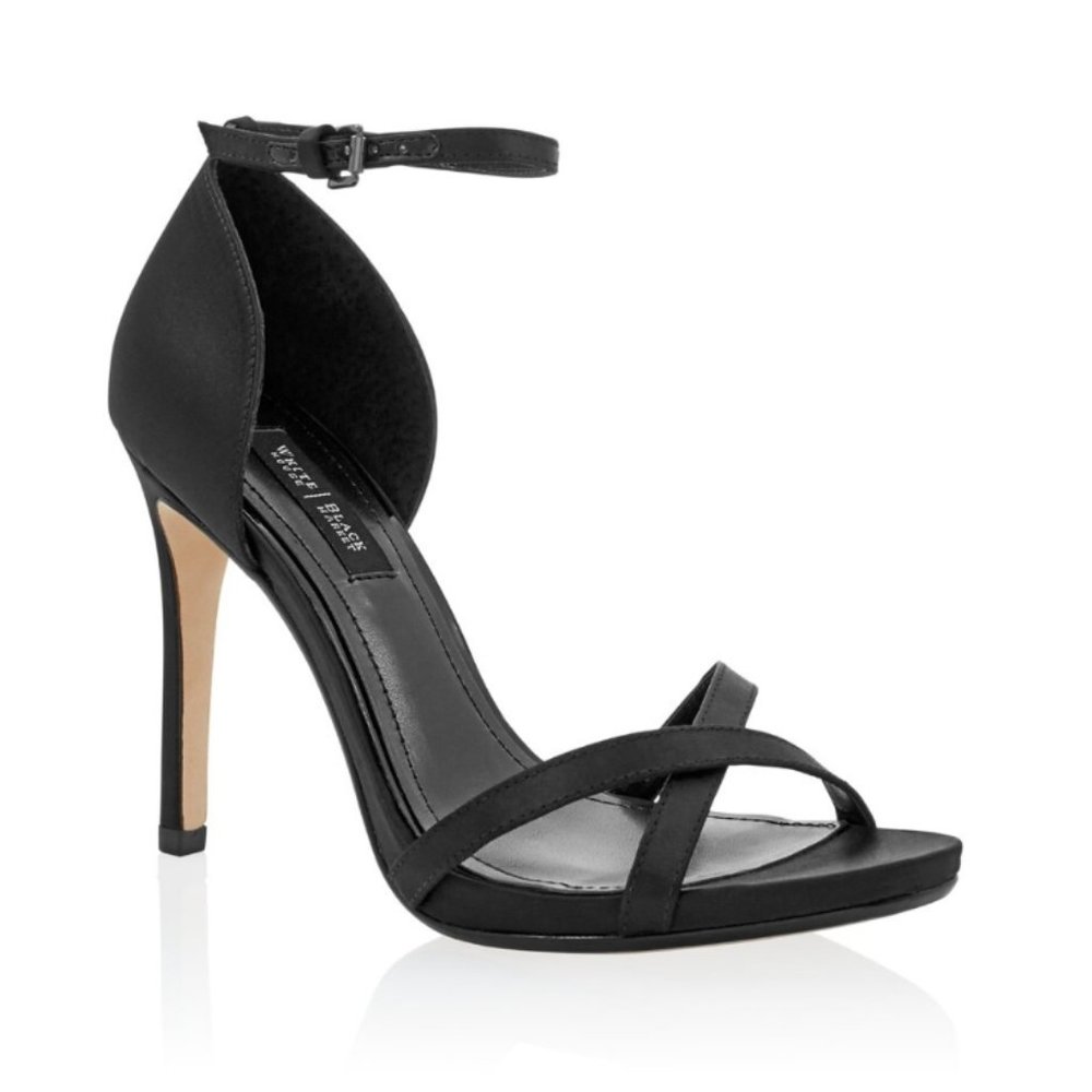 White House Black Market Black Ankle Strap Satin Heels